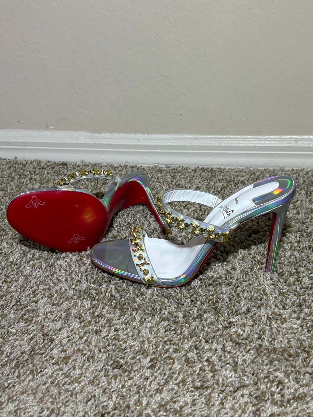 Christian Louboutin Iridescent Holographic Gold-Stud Heel Sandal